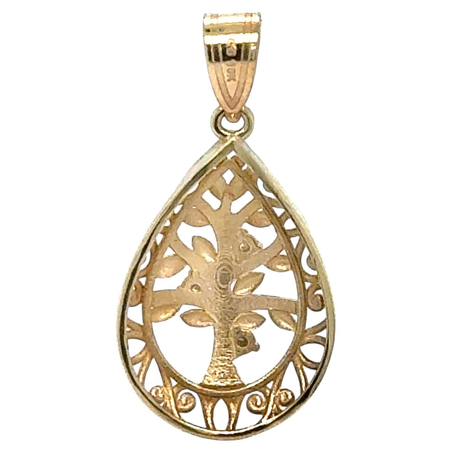 10K Yellow Gold 3 stone Diamond Tree of Life Tear Drop Pendant