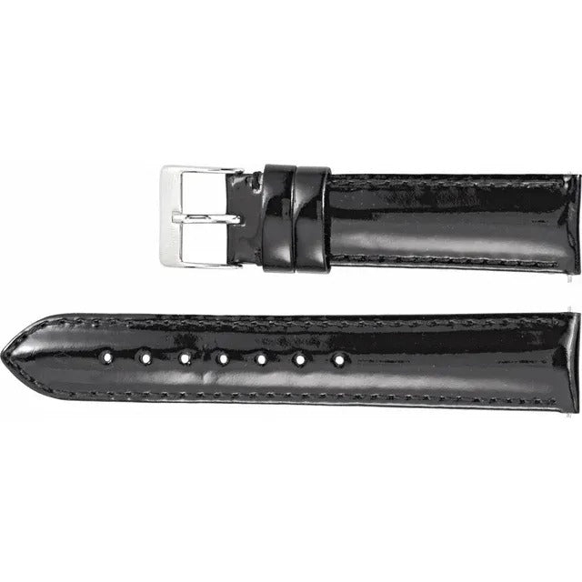 Black High-Shine Leather Watch Band 12mm With EZ-Change Spring Bars & silver and yellow buckles