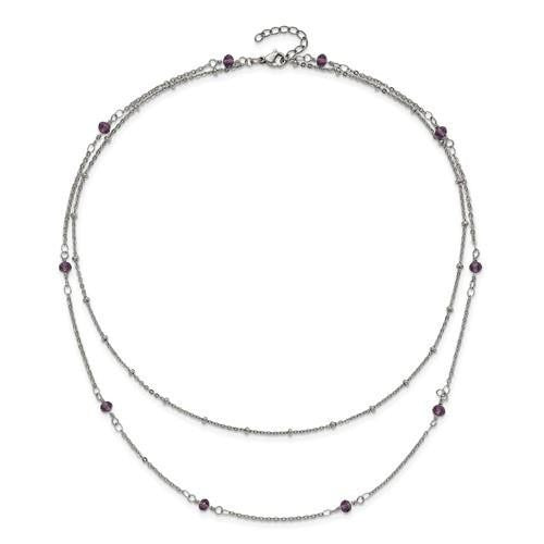 Chisel Stainless Steel Polished 2-Strand Purple Crystal Beaded 16 inch Necklace