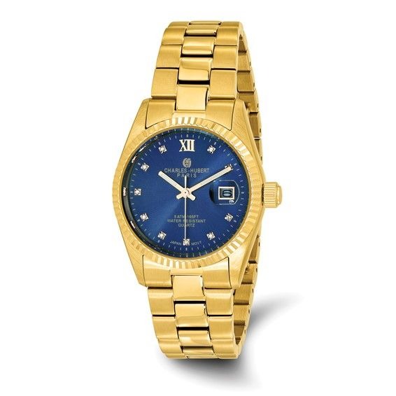 Charles-Hubert Yellow IP-Plated Stainless Steel Quartz Watch With Blue Dial & Date