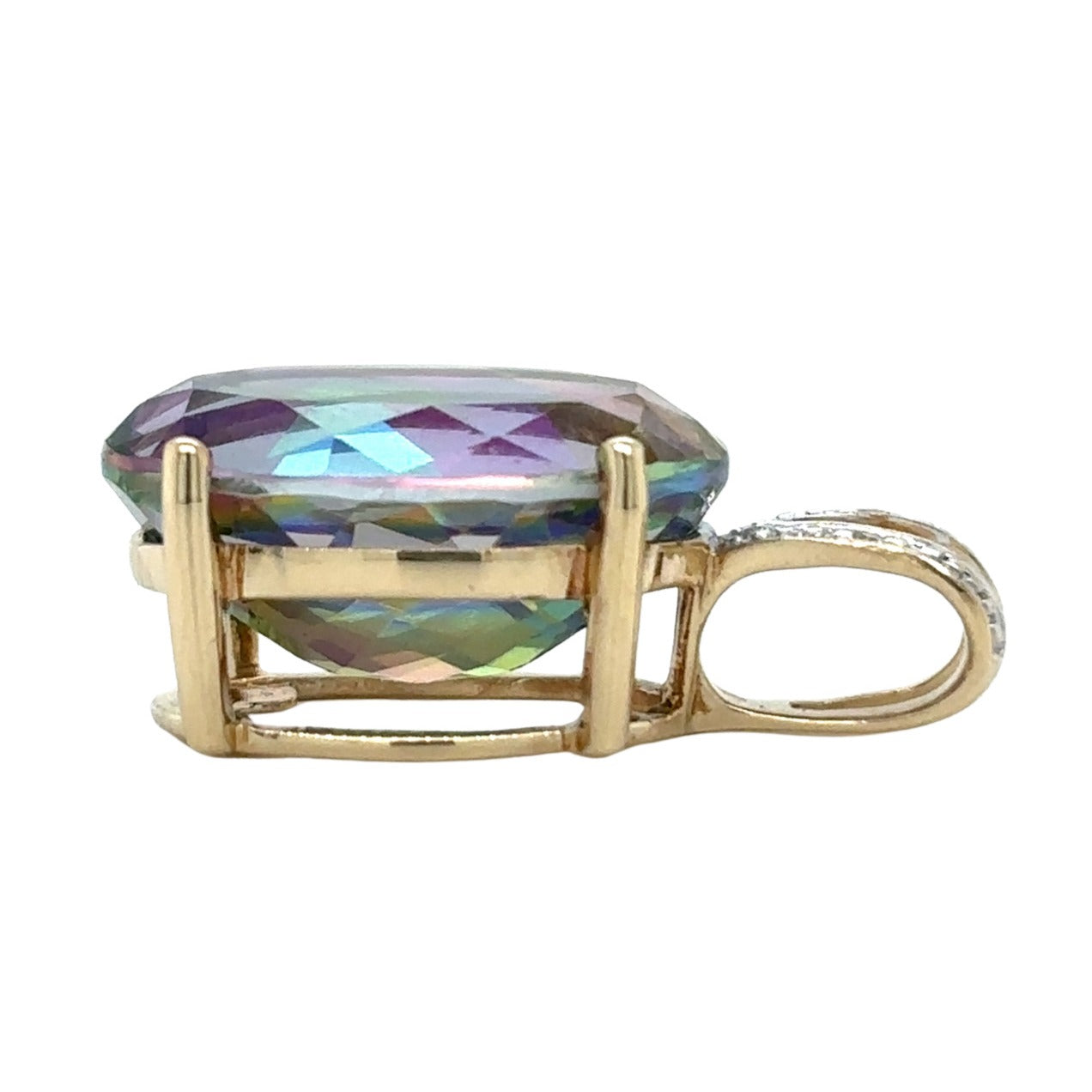 10k Yellow Gold Mystic Topaz Solitaire Oval Pendant Diamond 2.6g