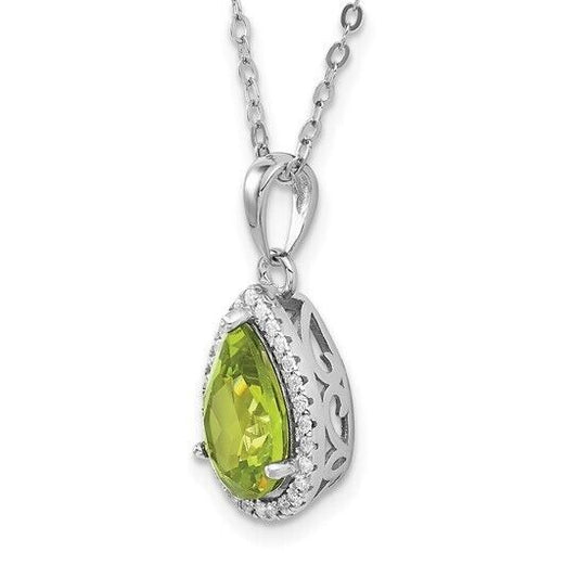 Sterling Silver Rhodium-plate Polished Simulated Peridot and CZ 18 inch Necklace