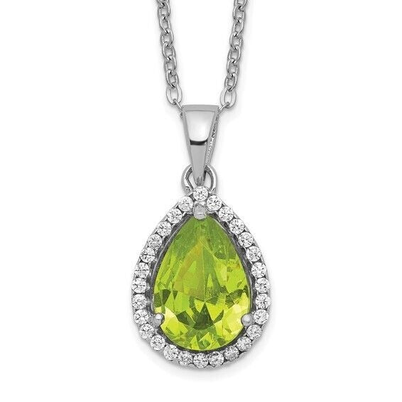 Sterling Silver Rhodium-plate Polished Simulated Peridot and CZ 18 inch Necklace