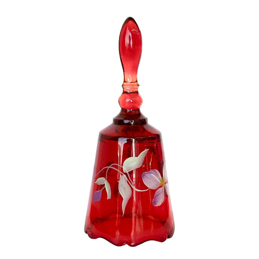Fenton Red Bell Hand painted Pink Floral and Signed