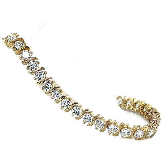 14K Yellow Gold 7" Tennis Bracelet With Round Cubic Zirconia Gemstones 15.4g
