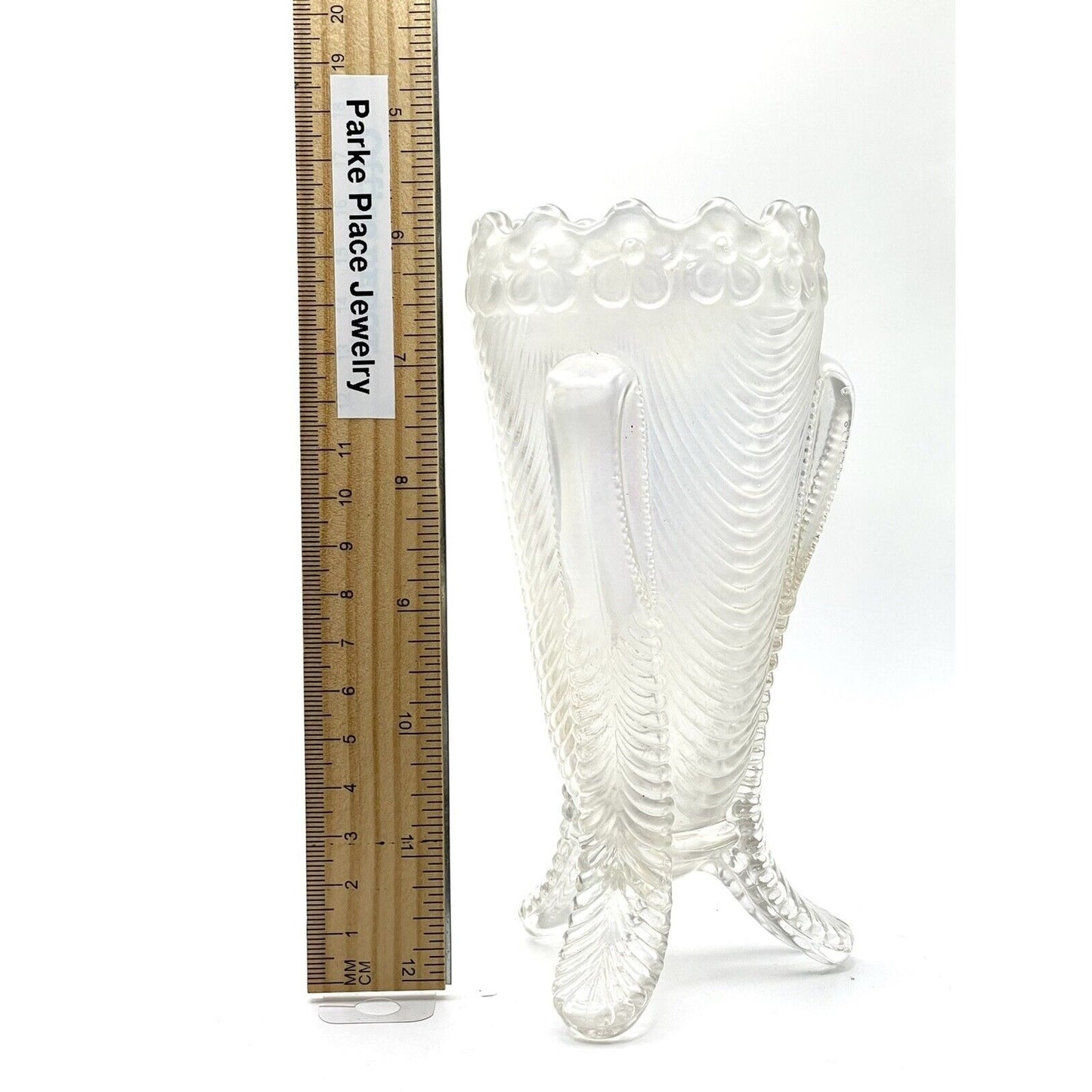 Vintage Carnival Glass Clear Iridescent Vase With Scalloped Rim & Intricate Swirl Design
