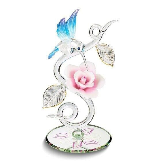 Glass Baron Hummingbird and Pink Rose on Vine Handcrafted Glass Figurine