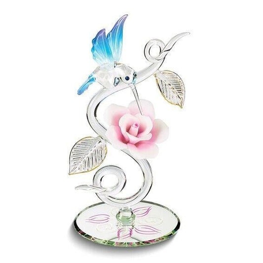 Glass Baron Hummingbird and Pink Rose on Vine Handcrafted Glass Figurine