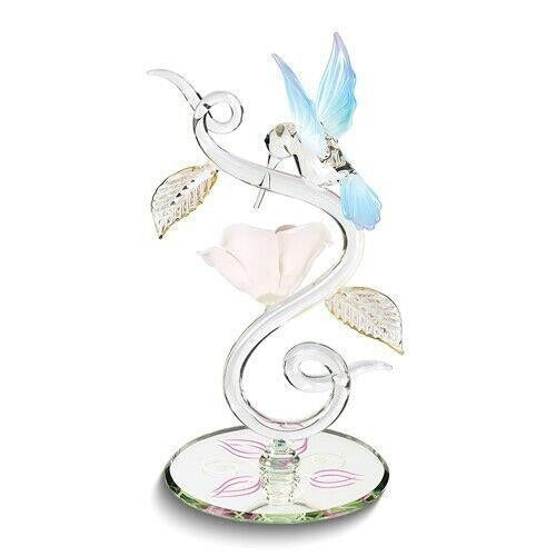 Glass Baron Hummingbird and Pink Rose on Vine Handcrafted Glass Figurine