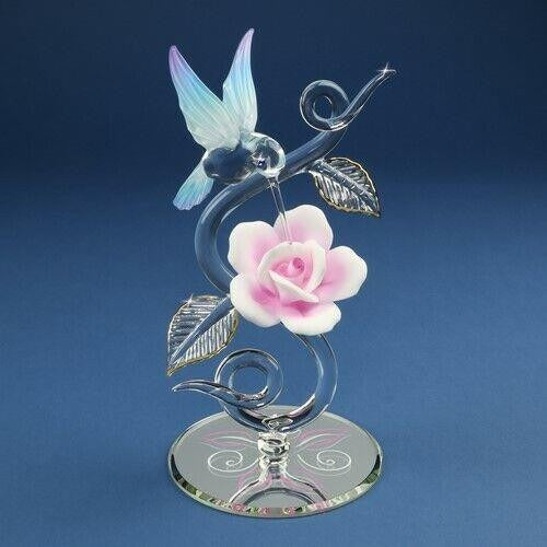 Glass Baron Hummingbird and Pink Rose on Vine Handcrafted Glass Figurine