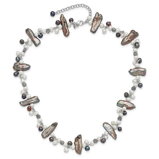 Sterling Silver Peacock/White FW Cultured Pearl with 2in ext Necklace