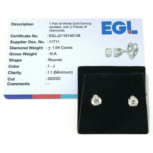 1 ctw 14K White Gold Round Diamond Excellent Solitaire Earrings (Certified)