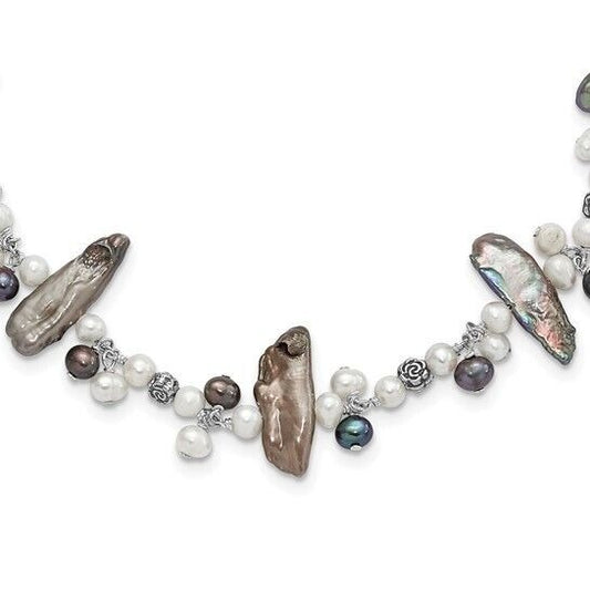 Sterling Silver Peacock & White Freshwater Cultured Pearl Necklace With 2-Inch Extension