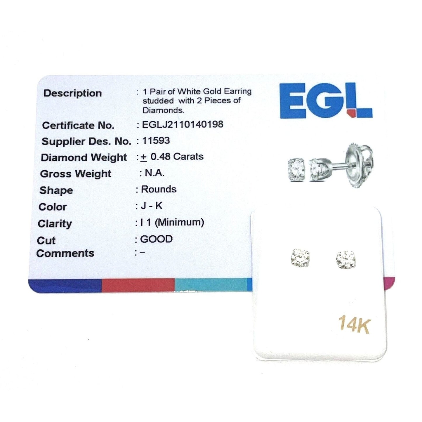 1/2 ctw 14K White Gold Round Diamond Excellent Solitaire Earrings (Certified)
