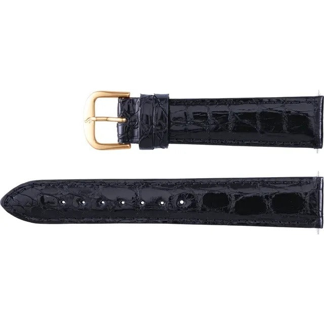 16 mm Black Crocodile Leather Watch Band Gold Buckle Padded Design Regular Length 7 1/2"