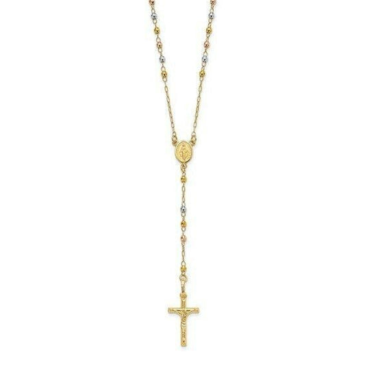 14K Tri-color Gold Polished Faceted Beads 24 inch Rosary Necklace