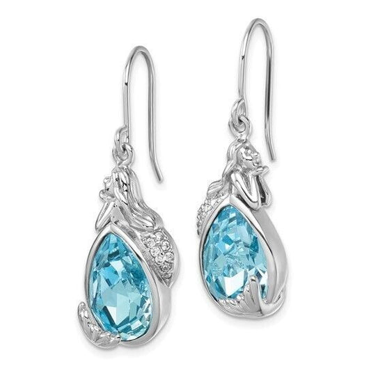 Sterling Silver Rhodium-Plated Polished Blue Crystal Mermaid Dangle Earrings