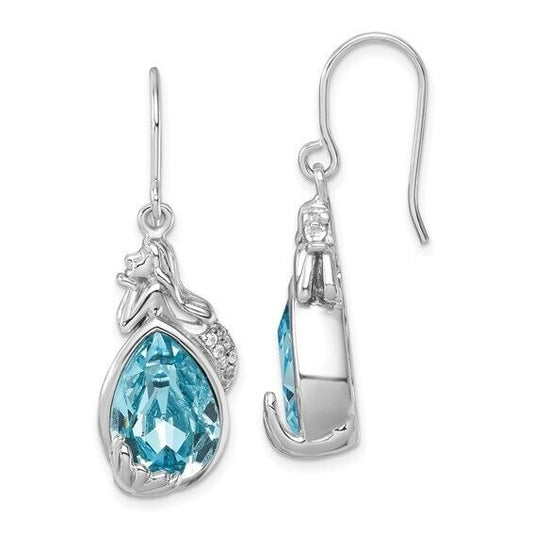 Sterling Silver Rhodium-Plated Polished Blue Crystal Mermaid Dangle Earrings
