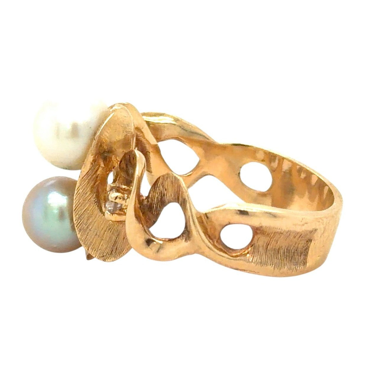 Two-Stone Pearls & Diamonds 14k Yellow Gold Ring 8.5g Size 9.5