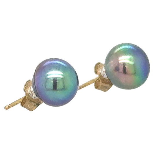 Black Cultured 7mm Pearl 14k Yellow Gold Stud Earrings 1.7g