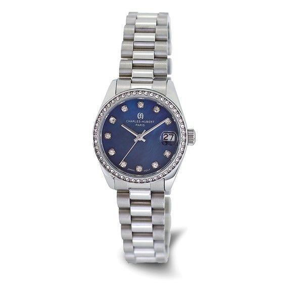 Charles Hubert Paris Crystal-Accented Stainless Steel Watch Blue Dial Date Display