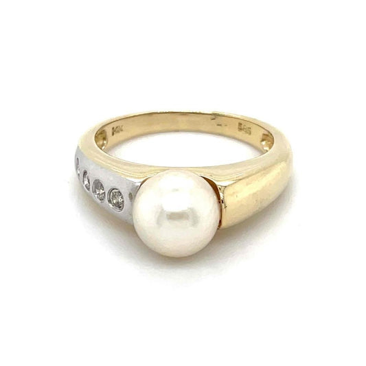 14K Yellow Gold Pearl Solitaire & Diamond Ring 3.7g Size 6 - 7.45mm Pearl & 1/10ct