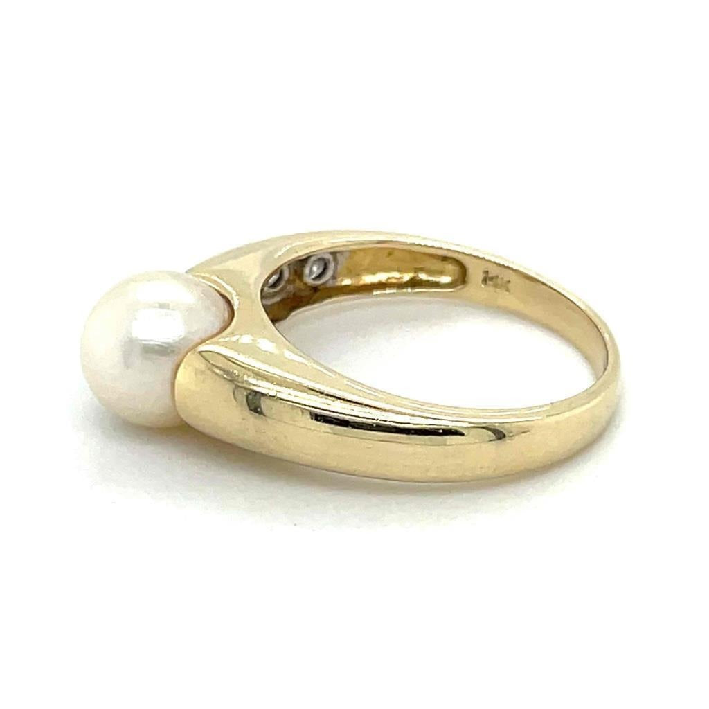 14K Yellow Gold Pearl Solitaire & Diamond Ring 3.7g Size 6 - 7.45mm Pearl & 1/10ct
