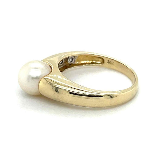 14K Yellow Gold Pearl Solitaire & Diamond Ring 3.7g Size 6 - 7.45mm Pearl & 1/10ct