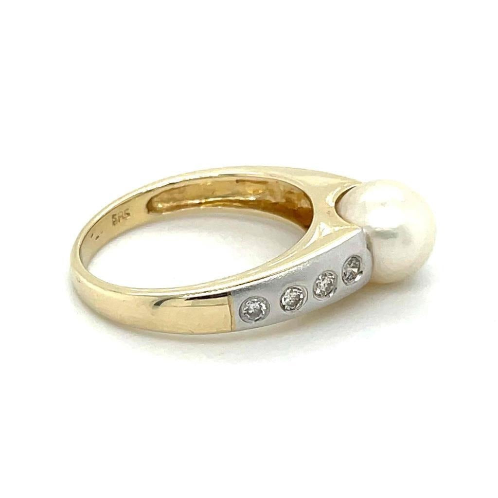 14K Yellow Gold Pearl Solitaire & Diamond Ring 3.7g Size 6 - 7.45mm Pearl & 1/10ct