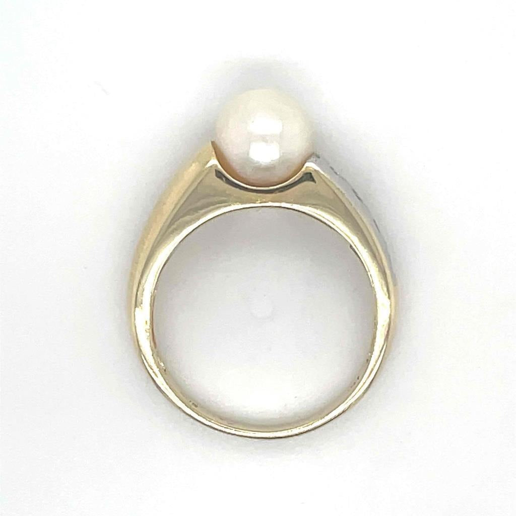 14K Yellow Gold Pearl Solitaire & Diamond Ring 3.7g Size 6 - 7.45mm Pearl & 1/10ct