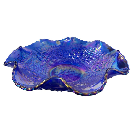 Fenton Glass Blue Iridescent Ruffled Edge Bowl Cherry Design 10"