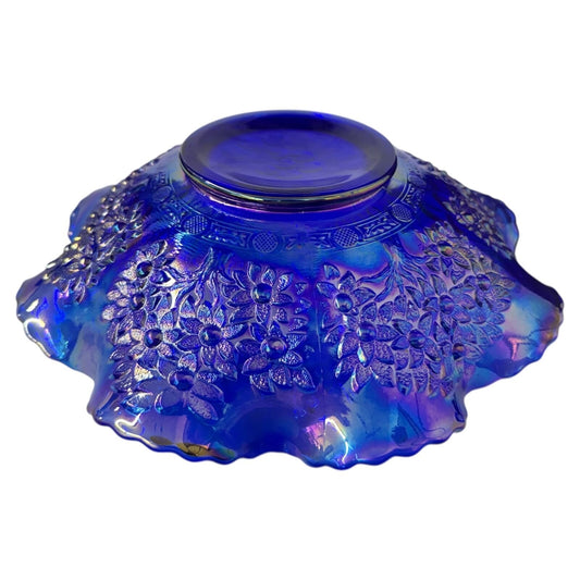 Fenton Glass Blue Iridescent Ruffled Edge Bowl Cherry Design 10"
