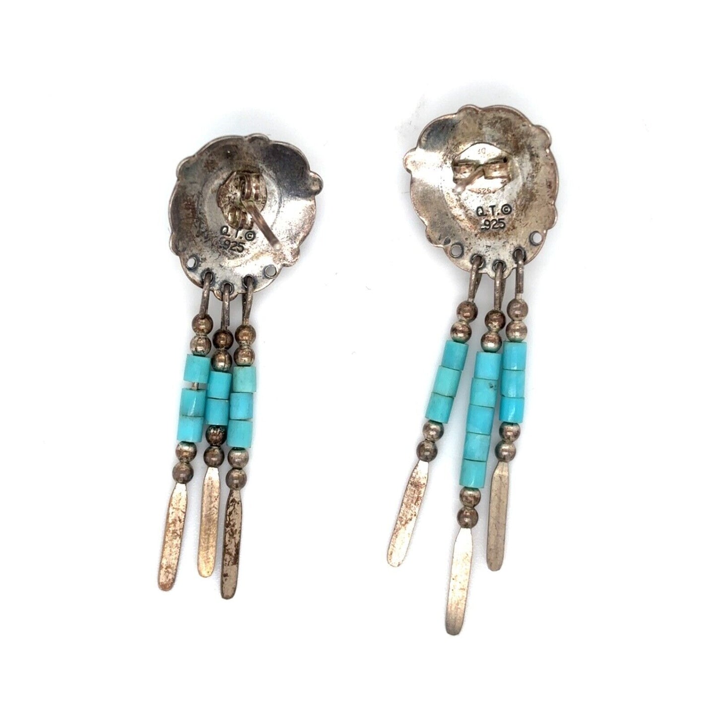 Vintage Q.T. Signed .925 Sterling Silver Turquoise Dangle Earrings 1.75 Inch
