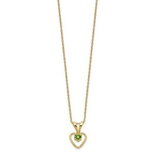 10k Yellow Gold 3mm Green Peridot Heart Birthstone 15 inch Necklace Chain