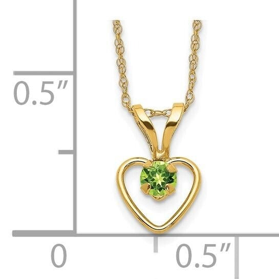 10k Yellow Gold 3mm Green Peridot Heart Birthstone With 15 inch Necklace Chain