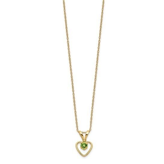 10k Yellow Gold 3mm Green Peridot Heart Birthstone With 15 inch Necklace Chain