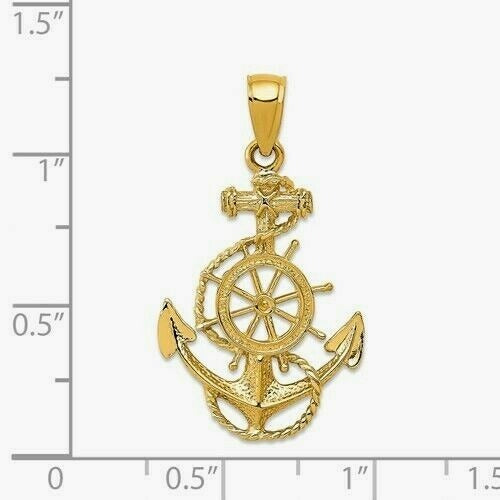 14K Yellow Gold Anchor & Ship Wheel Pendant Charm Nautical