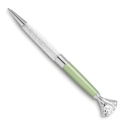 Elegant Green & Silver Ballpoint Pen With Crystal Accent Smooth Writing Ink Lightweight Design Refillable Cartridge Giftable Packaging