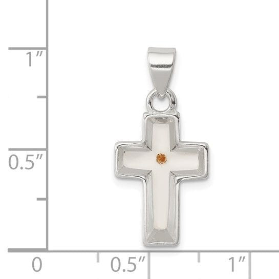Sterling Silver Rhodium-Plated Enameled Mustard Seed Cross Pendant
