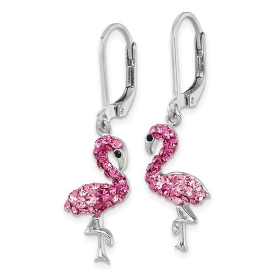 Pink Crystal Flamingo Drop Earrings Sterling Silver 925 Rhodium-Plated Leverback