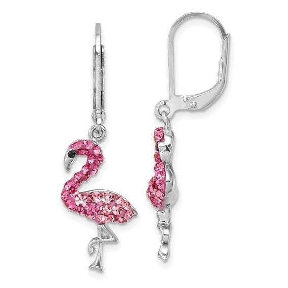 Pink Crystal Flamingo Drop Earrings Sterling Silver 925 Rhodium-Plated Leverback
