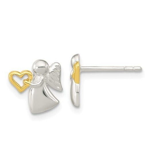 Sterling Silver Angel With Gold Tone Heart Polished Button Post Earrings 0.5" Long Womens Jewelry Gift