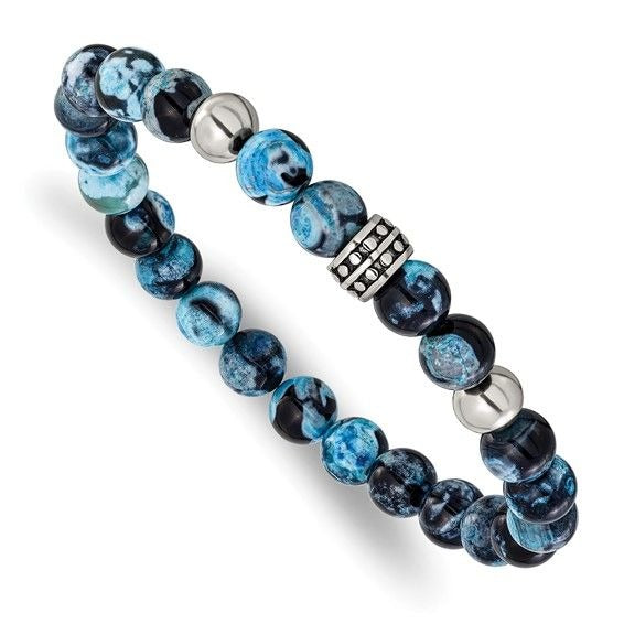 Chisel Stainless Steel Antiqued & Polished 8mm Black & Blue Apatite Beaded Stretch Bracelet 7.25 Inch