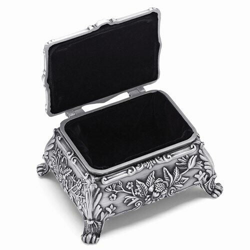 Beautiful Pewter-Tone Floral Jewelry Box With Ornate Design & Black Velvet Lining For Organizing Or Display
