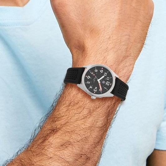 Charles-Hubert Paris Stainless Steel Black Dial Watch Date & Black Rubber Strap