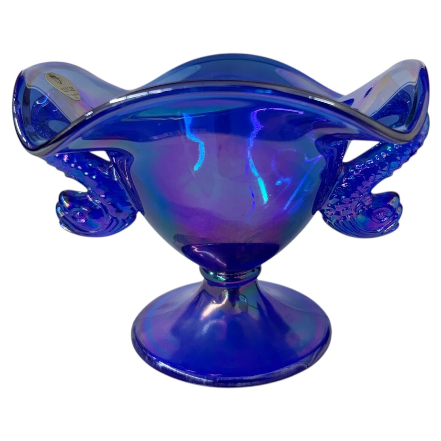 Fenton Double Koi Dolphin Blue Carnival Iridescent Glass Compote Bowl