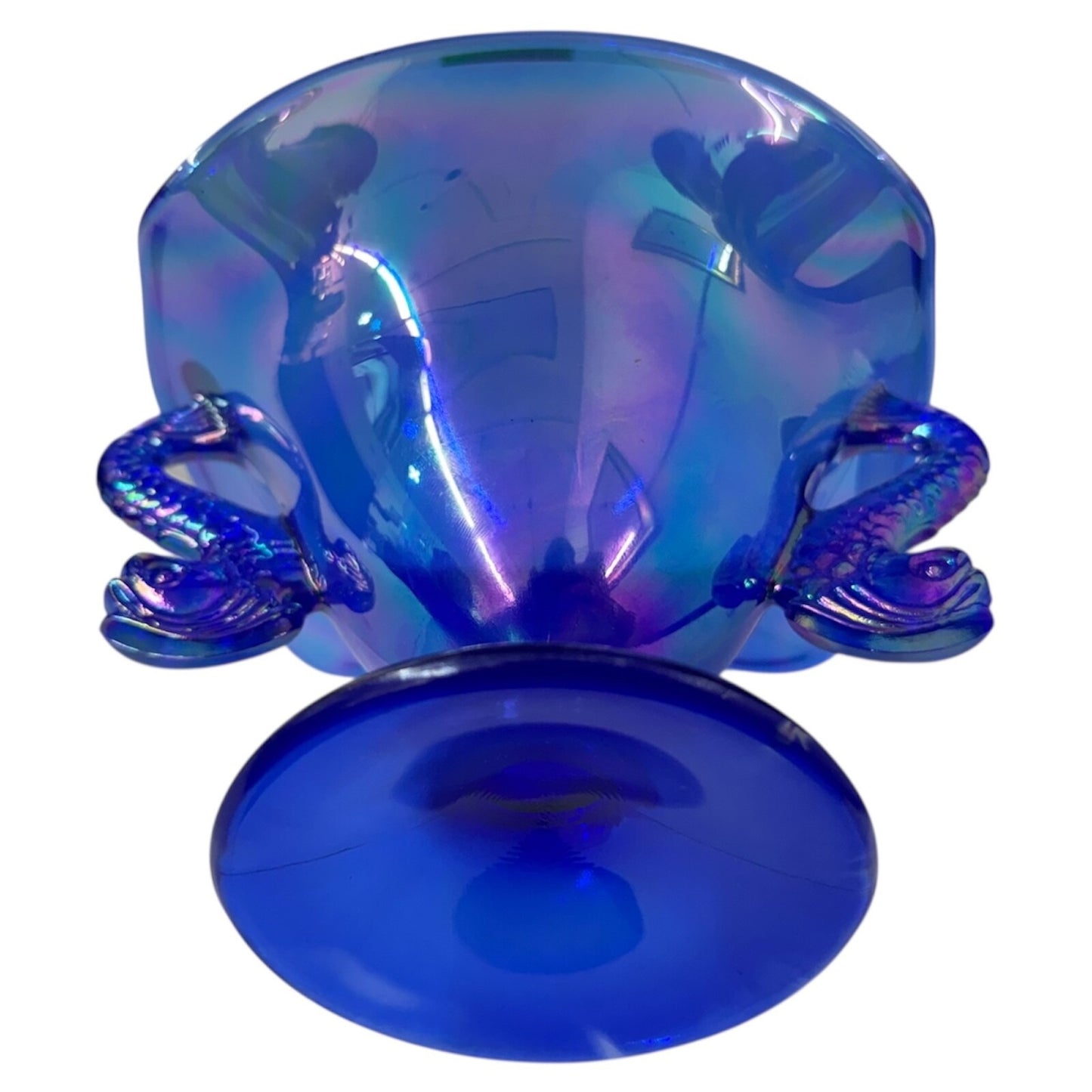 Fenton Double Koi Dolphin Blue Carnival Iridescent Glass Compote Bowl