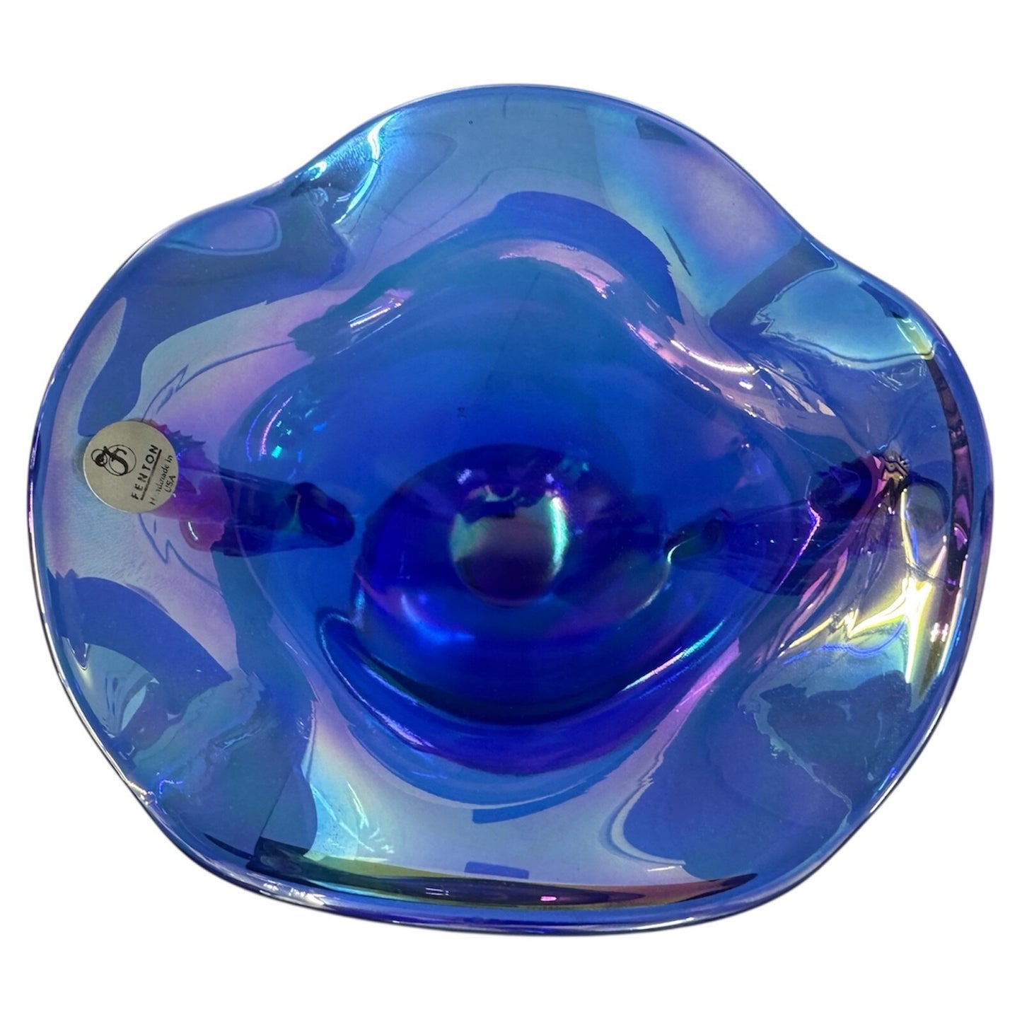 Fenton Double Koi Dolphin Blue Carnival Iridescent Glass Compote Bowl