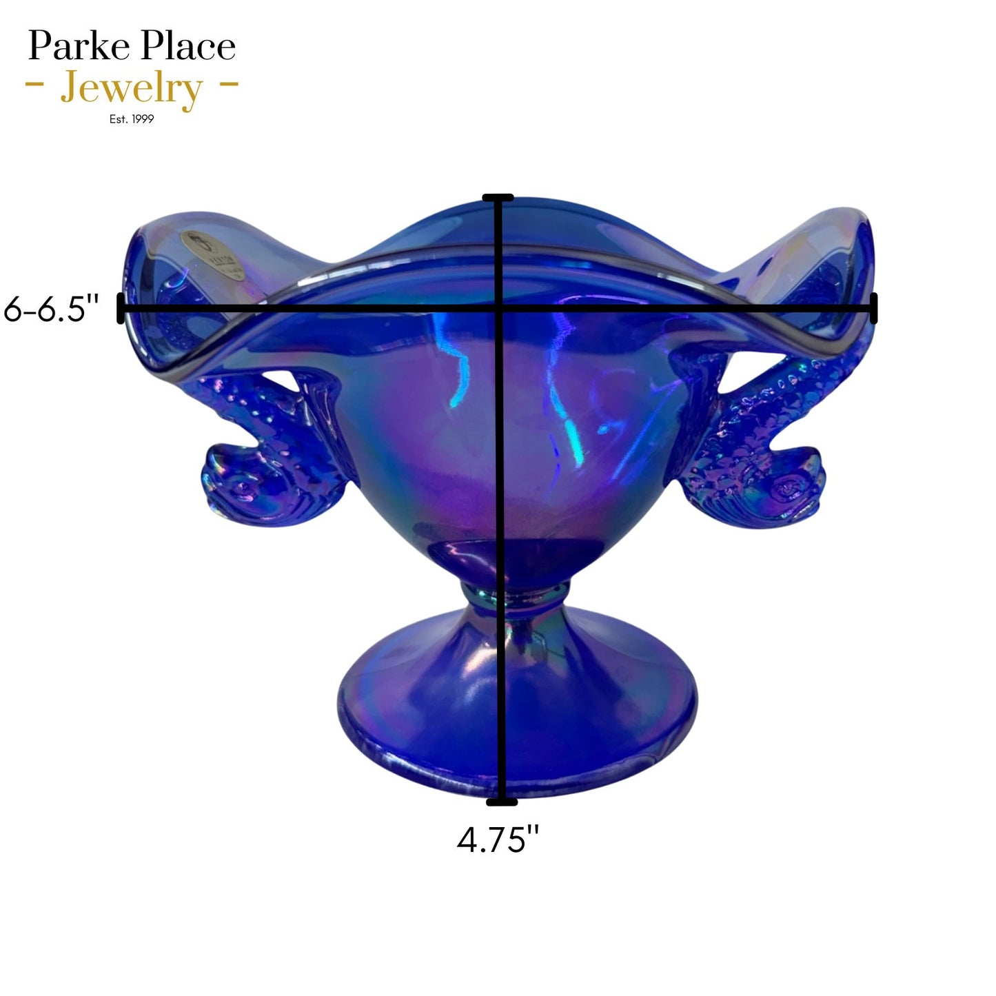 Fenton Double Koi Dolphin Blue Carnival Iridescent Glass Compote Bowl