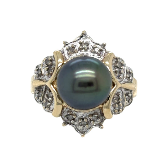 Black Pearl and Diamond Accented 14k Yellow Gold Ring 5.2g Size 6